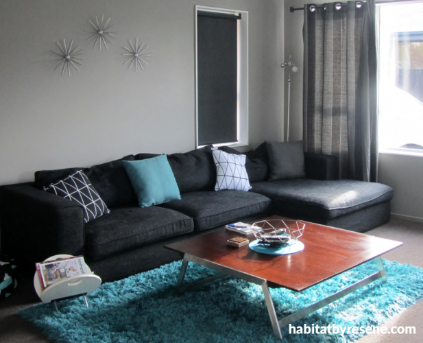 lounge decor, living room style, neutrals, charcoal, modern interiors, turquoise, accent colour
