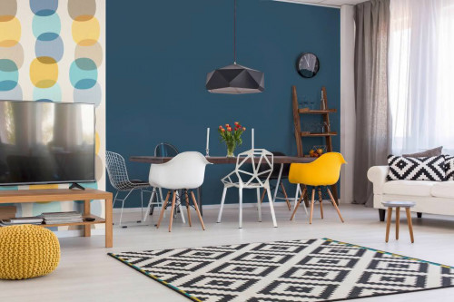 dining room Inspo, open plan living space, open plan inspiration, blue and yellow decor, Resene