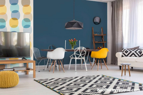 dining room Inspo, open plan living space, open plan inspiration, blue and yellow decor, Resene