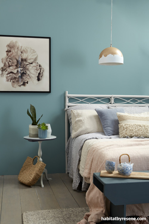 Blue Bedroom, Restful Colours, Resene, Calm Interiors, Blue Grey,