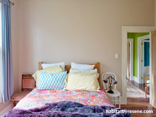 guest bedroom, guest room inspiration, decorating with white, white walls, colourful textiles, Resene