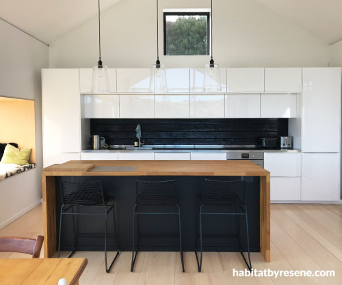 White kitchen black kitchen island Resene Black White