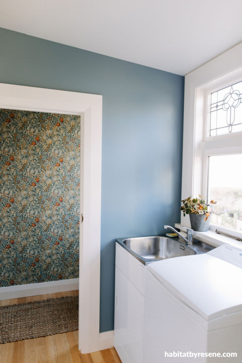 laundry room ideas, laundry inspiration, blue laundry room, floral laundry room, floral wallpaper, Resene