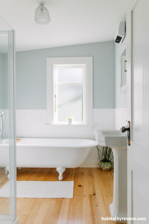 tongue and groove wall, heritage bathroom, claw foot bath, bathroom inspiration, blue bathroom, Resene