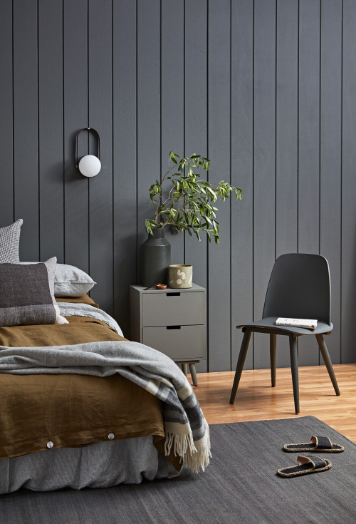 bedroom inspiration, black bedroom, black walls, interior timber, decorating with black, Resene