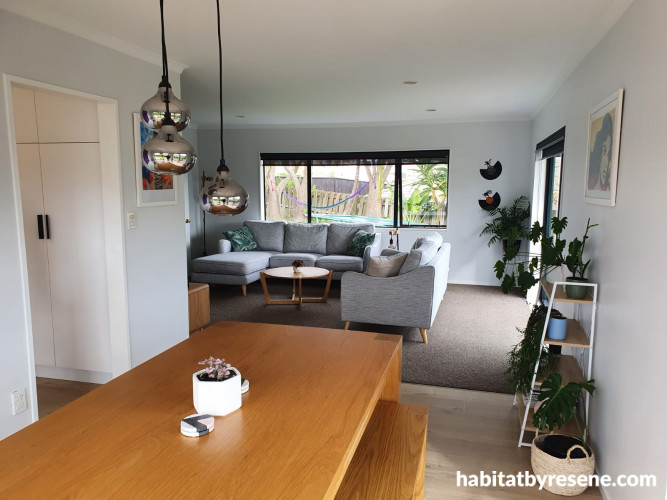 Grey Paint, Open Plan Living Room, Metallic Pendant Lights, Resene Paint, Neutral Colours
