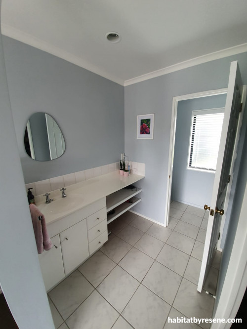 Bathroom Renovation, Ensuite Renovation, Blue Bathroom, Resene paint, Blue Grey