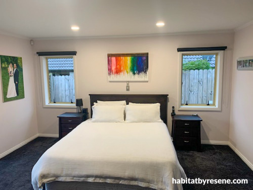 Monochrome Bedroom, Rainbow Decor, Black and White, Metallics, Black Carpet