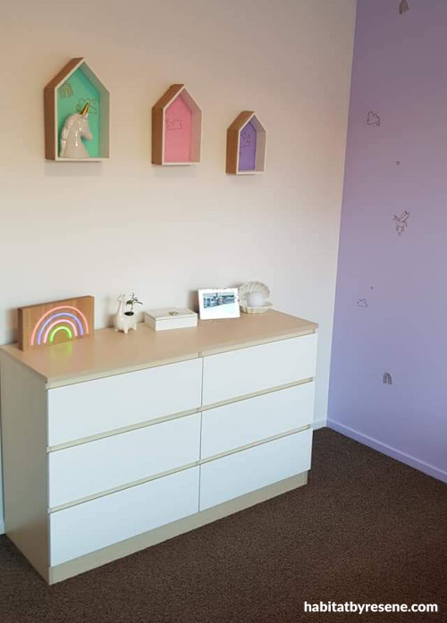 Girls Bedroom, Pink and Purple, Cubby boxes, Resene Paint, Kids bedroom