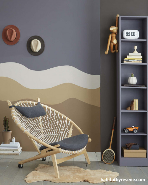 Living room winter colours Resene mural wall wave