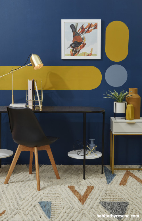 Home Office, Magnetic Paint, Blue Interiors, Resene, Mustard Accents