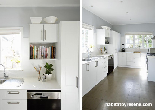 blue kitchen white cabinets