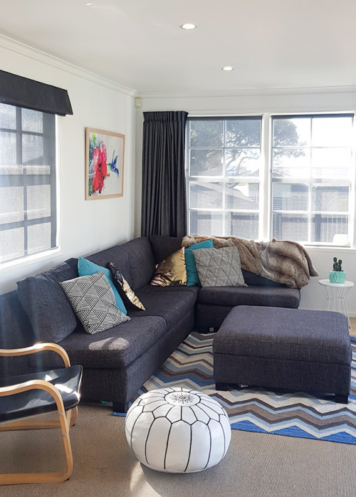 Resene Alabaster, open plan living room, white walls, 70s renovation, Resene