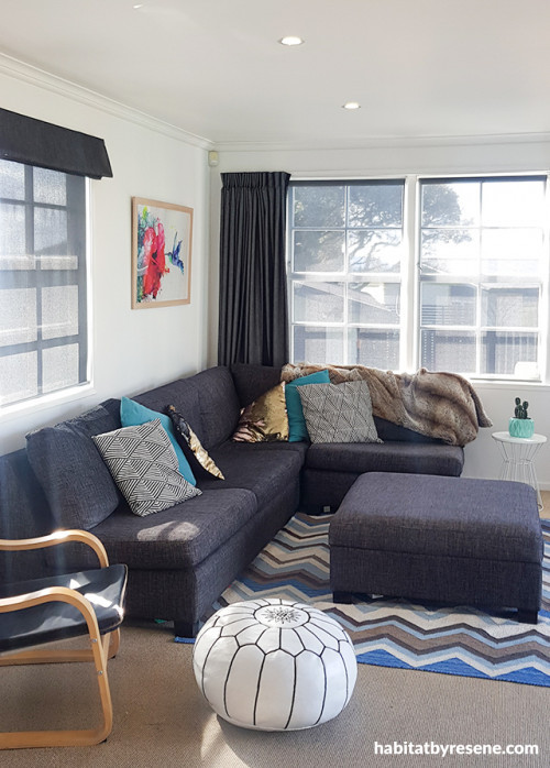 Resene Alabaster, open plan living room, white walls, 70s renovation, Resene