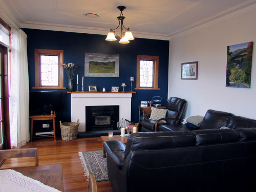 Blue Feature Wall, 50s Living Room, Stained Glass, Modern Fireplace
