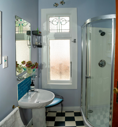 Chequerboard Flooring, Retro Bathroom, Blue Bathroom