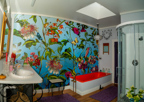 Bathroom Wallpaper, Blue Wallpaper, Flower Wallpaper, Orange Bathroom