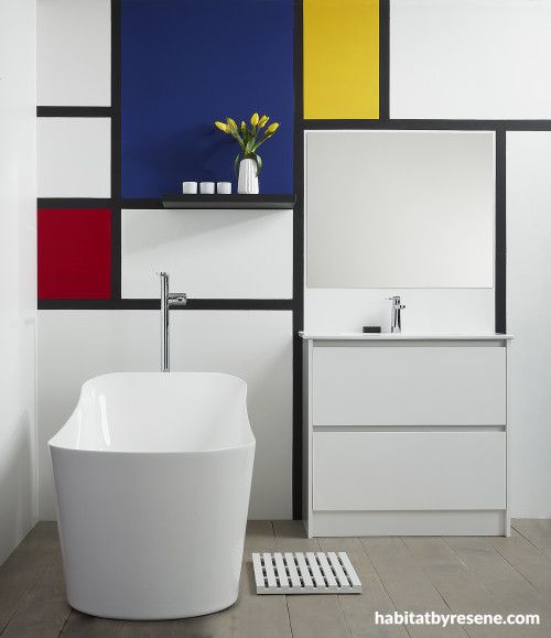 Mondrian Bathroom, Mondrian Inspo, Mondrian Bathrooms, Blue, Red and Yellow