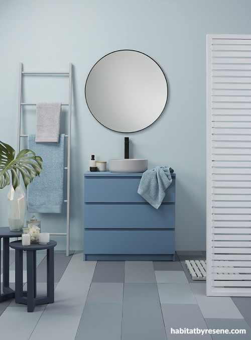 Blue Bathroom, Blue Interiors, Blue Vanity, Calm Bathroom