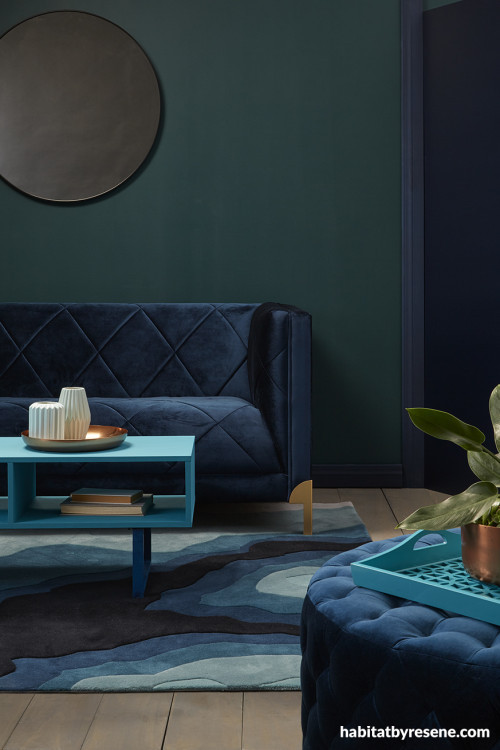 Blue Interiors, Blue Lounge, Media Room, Blue Sofa, Blue Ottoman