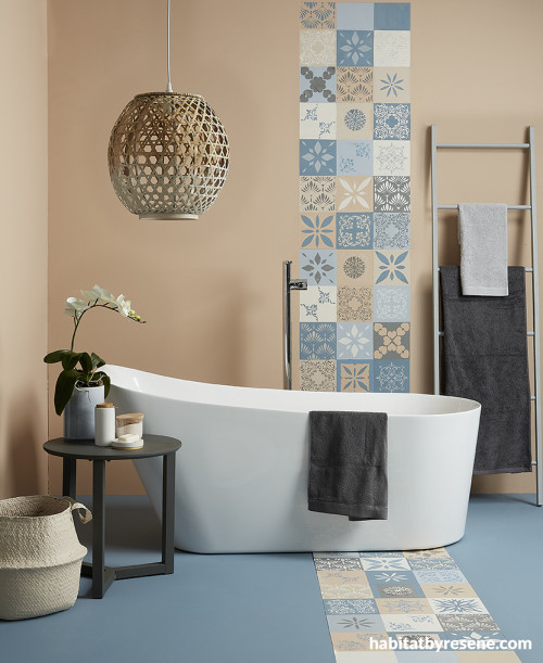 Two-toned Bathroom, Orange and Blue, Stencilled Floors, Blue Bathroom