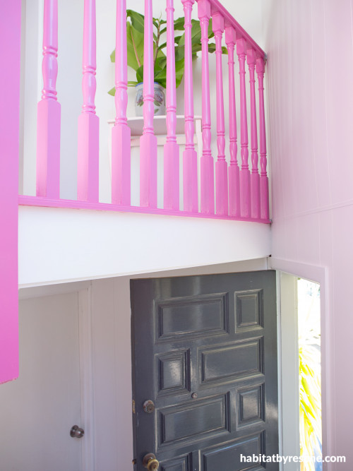 pink stairwell, pink banister, decorating with pink, pink decor, Resene 