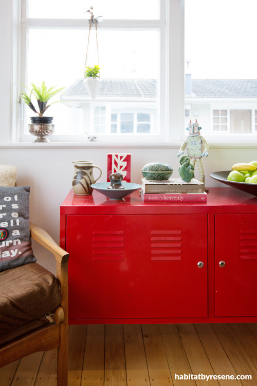 living space Inso, sideboard inspiration, red sideboard, red decor, Resene 