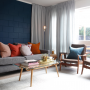 blue feature wall, painted brick, navy wall, grey sofa, grey and blue decor, decorating, Resene