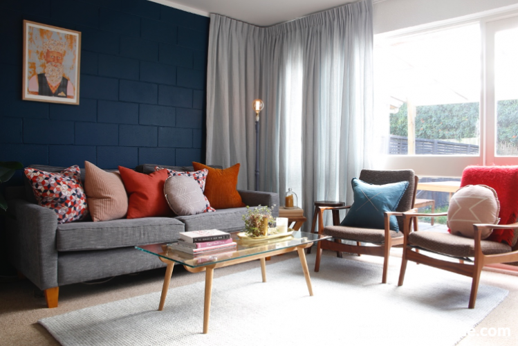 blue feature wall, painted brick, navy wall, grey sofa, grey and blue decor, decorating, Resene