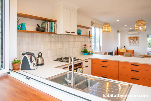 Orange Kitchen, Retro Renovation, Retro Kitchen, Subway Tiles