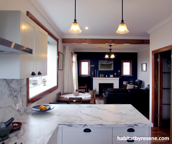 Blue Feature Wall, 50s Decor, White Living Room, Exposed Beams