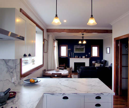 Blue Feature Wall, 50s Decor, White Living Room, Exposed Beams