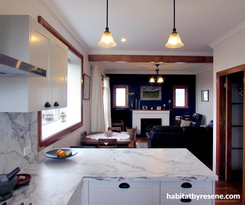 Blue Feature Wall, 50s Decor, White Living Room, Exposed Beams