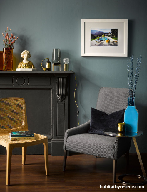 Resene Blue Bayoux wall grey fireplace