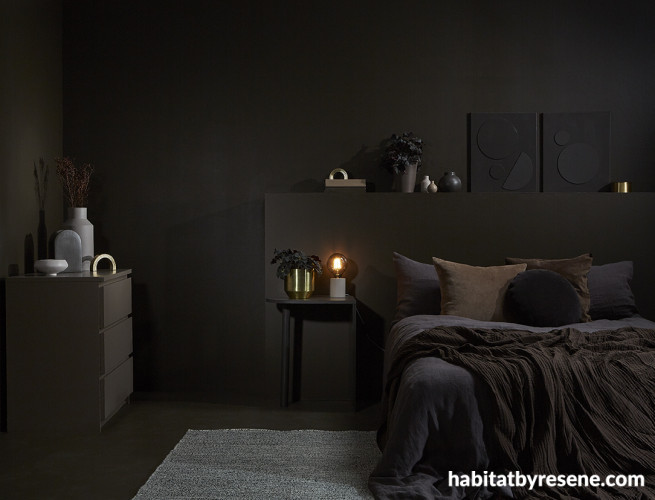 Moody bedroom, Brown Paint, Resene Paint, Resene Monkey