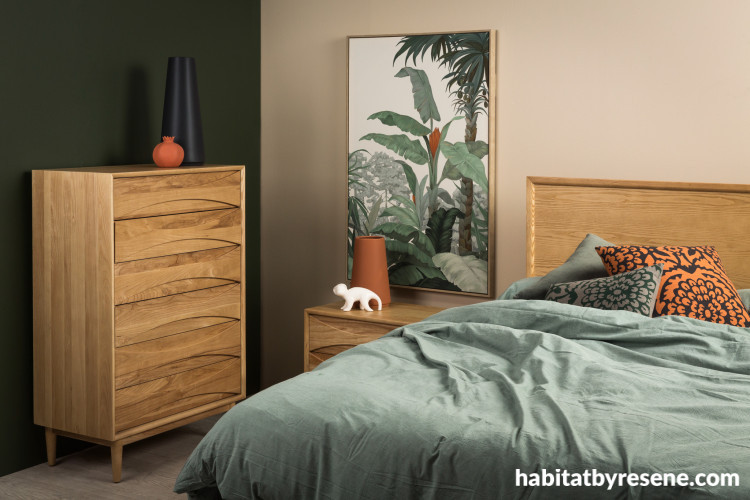 jungle themed room, wooden furniture, green wall, tropical room, Resene