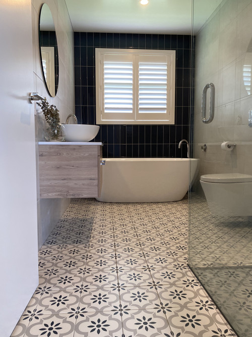 Navy Tiled Bathroom, Tiled Bathroom, Blue and White Bathroom,