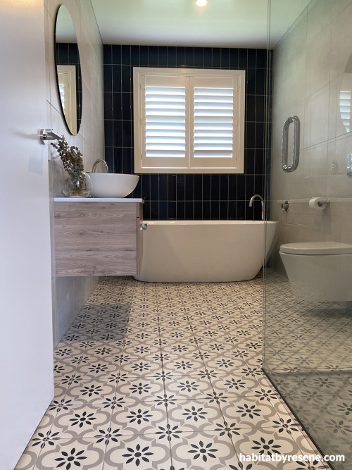 Navy Tiled Bathroom, Tiled Bathroom, Blue and White Bathroom,